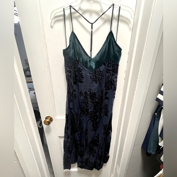 Free People Velvet Midi Dress - Blue and Green with Floral details - Picture 2 of 7